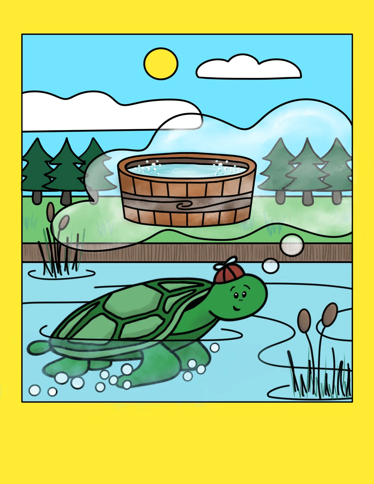 Bucket the turtle swims in a pond, with a wooden tub sitting on the deck behind him.